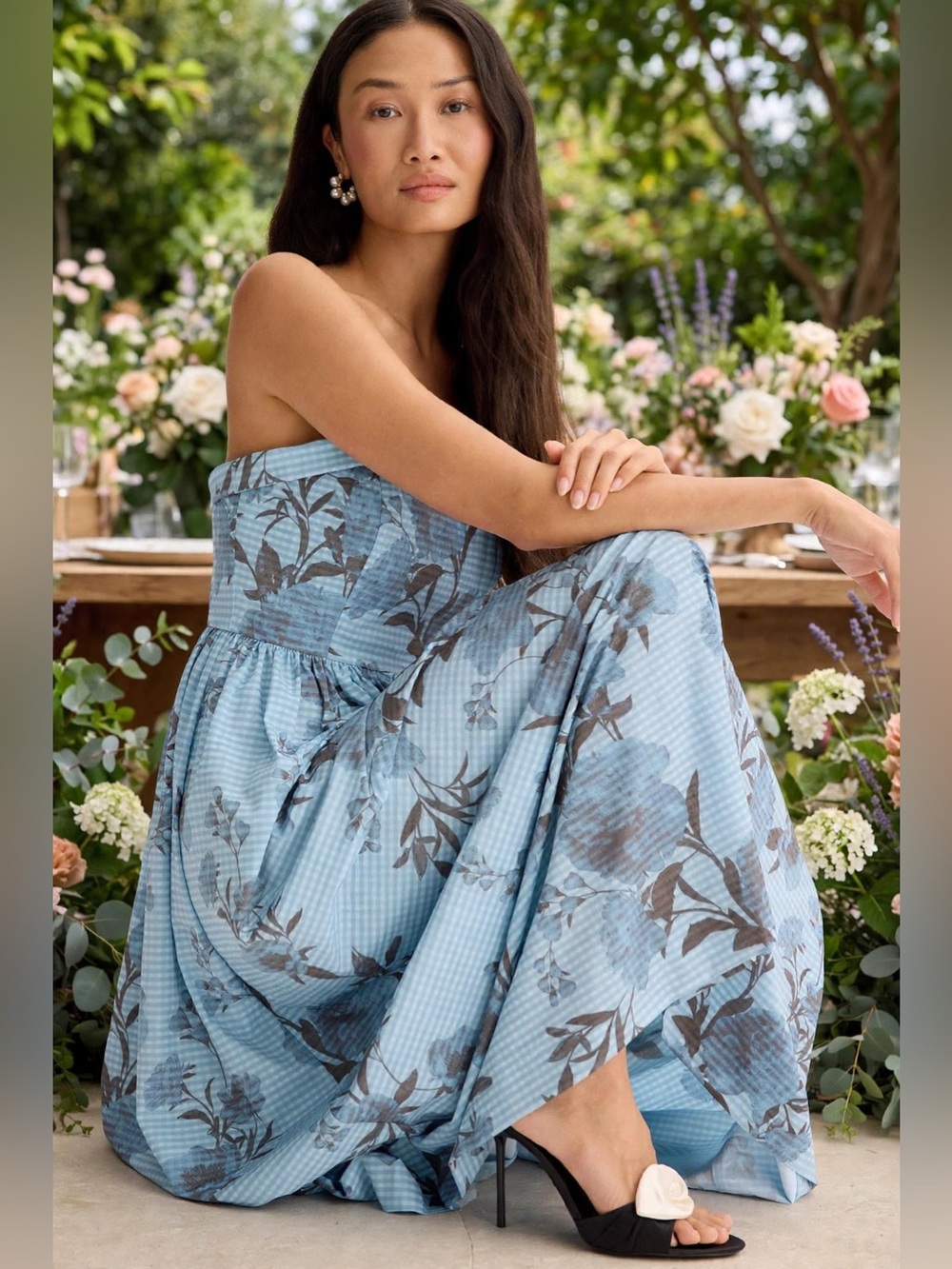 Badgley Mischka Women’s Blue Floral Strapless Maxi Dress size 14.